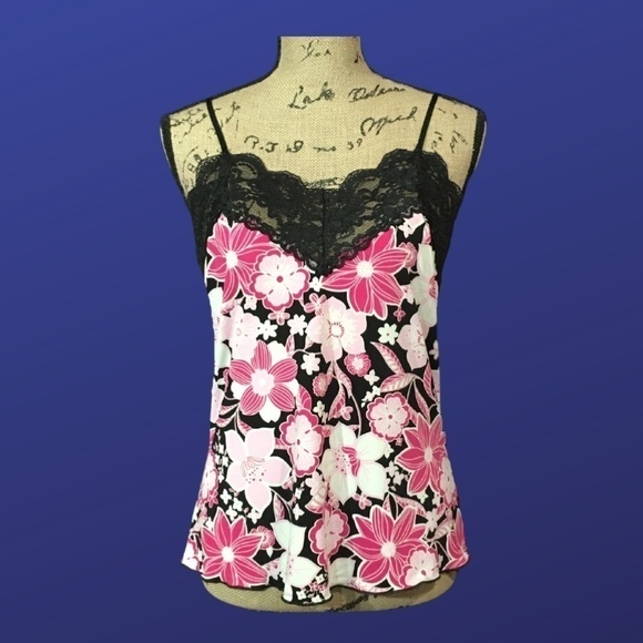 J.T.B. Camisole Cami Top w/Floral Lace Trim, PINK FLORAL/BLACK, Size Large, NWOT - Picture 1 of 8